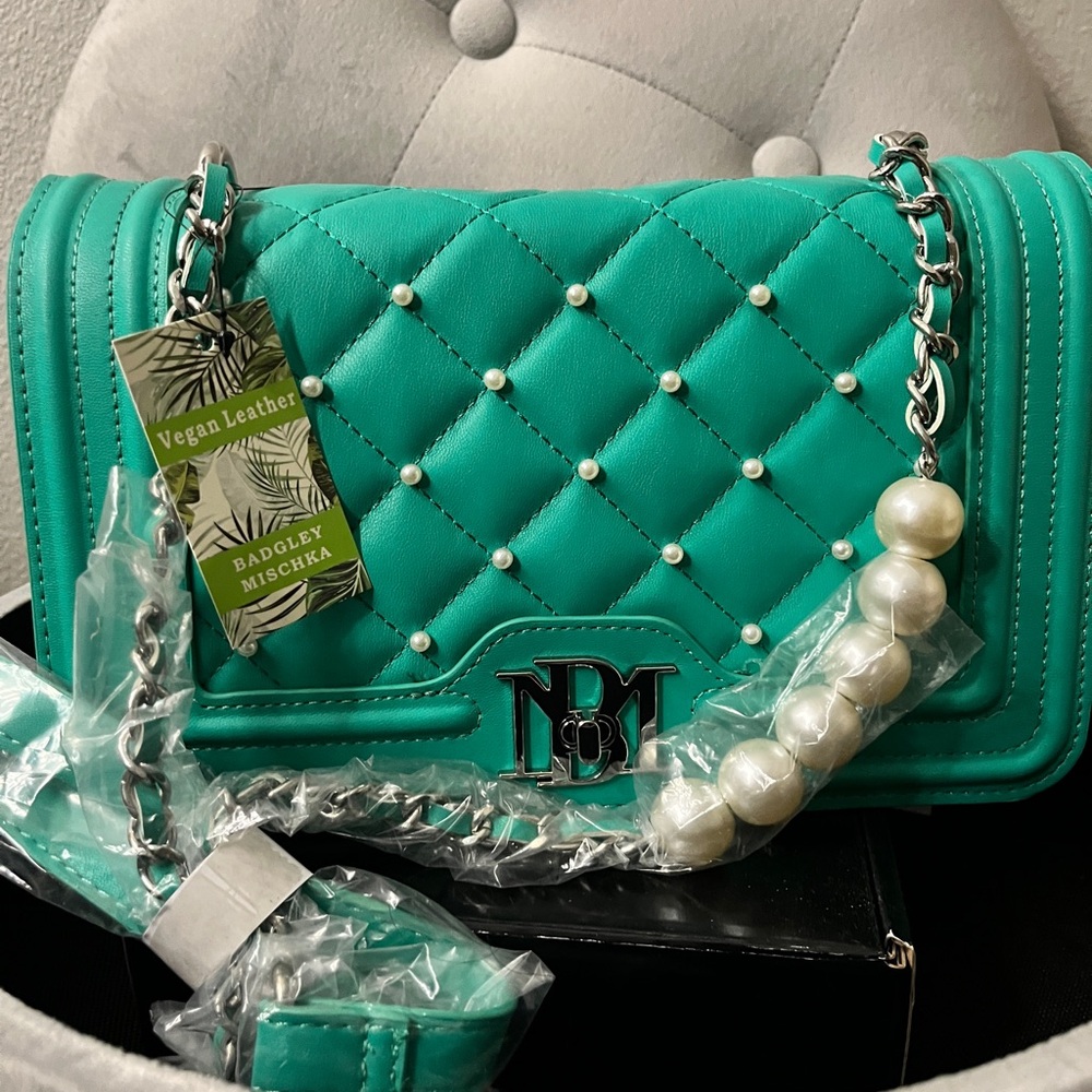 Badgley Mischka Blue and Green Quilted Shoulder Bag with Chain Strap